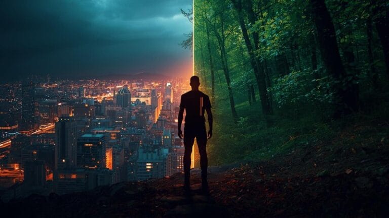 ilustrasi manusia berdiri di antara dunia digital dan hutan hijau dengan kontras cahaya biru dan alami