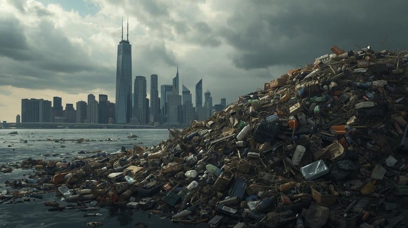 tumpukan sampah di kota modern yang menggambarkan budaya buang dan dampak ekologis