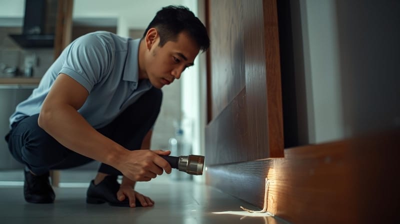 Pemilik rumah mengecek tanda rumah ada rayap pada kusen pintu kayu.