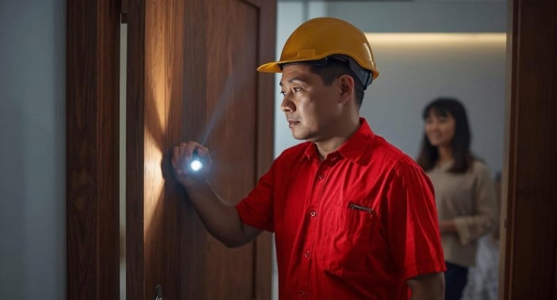 Teknisi pembasmi hama sedang melakukan inspeksi detail menggunakan senter pada lemari kayu di dalam rumah