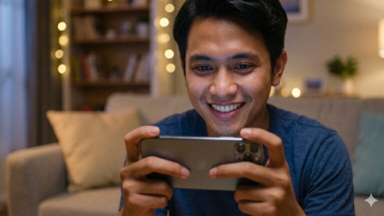 Seorang pemuda yang sedang asyik dan fokus bermain game online Royal Dream menggunakan smartphone kesayangannya.