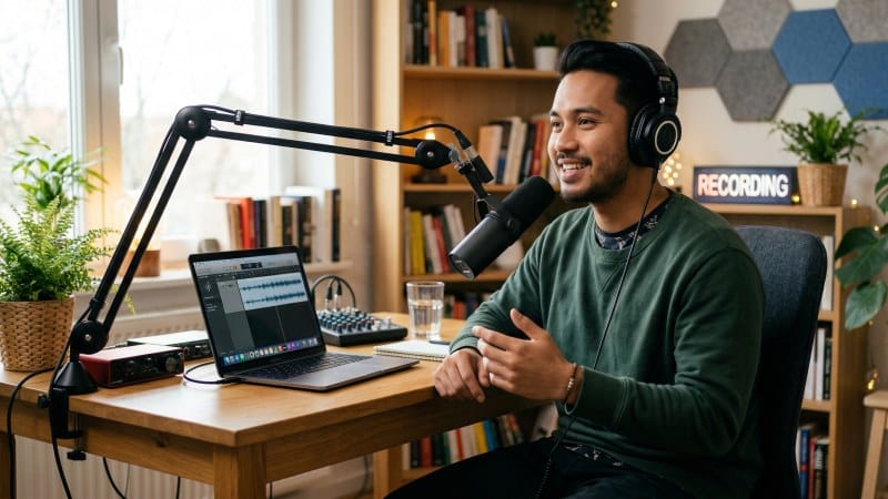 Podcaster pria Indonesia sedang bersiap merekam suara menggunakan Rode Microphone di studio podcast yang modern.