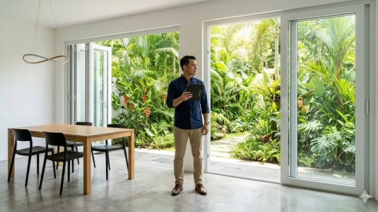 Perbandingan pintu lipat dan pintu geser untuk akses taman yang lega.