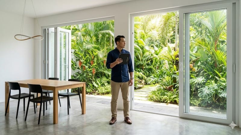 Perbandingan pintu lipat dan pintu geser untuk akses taman yang lega.