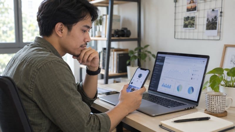 Pengguna mengevaluasi jumlah followers dan informasi akun media sosial.